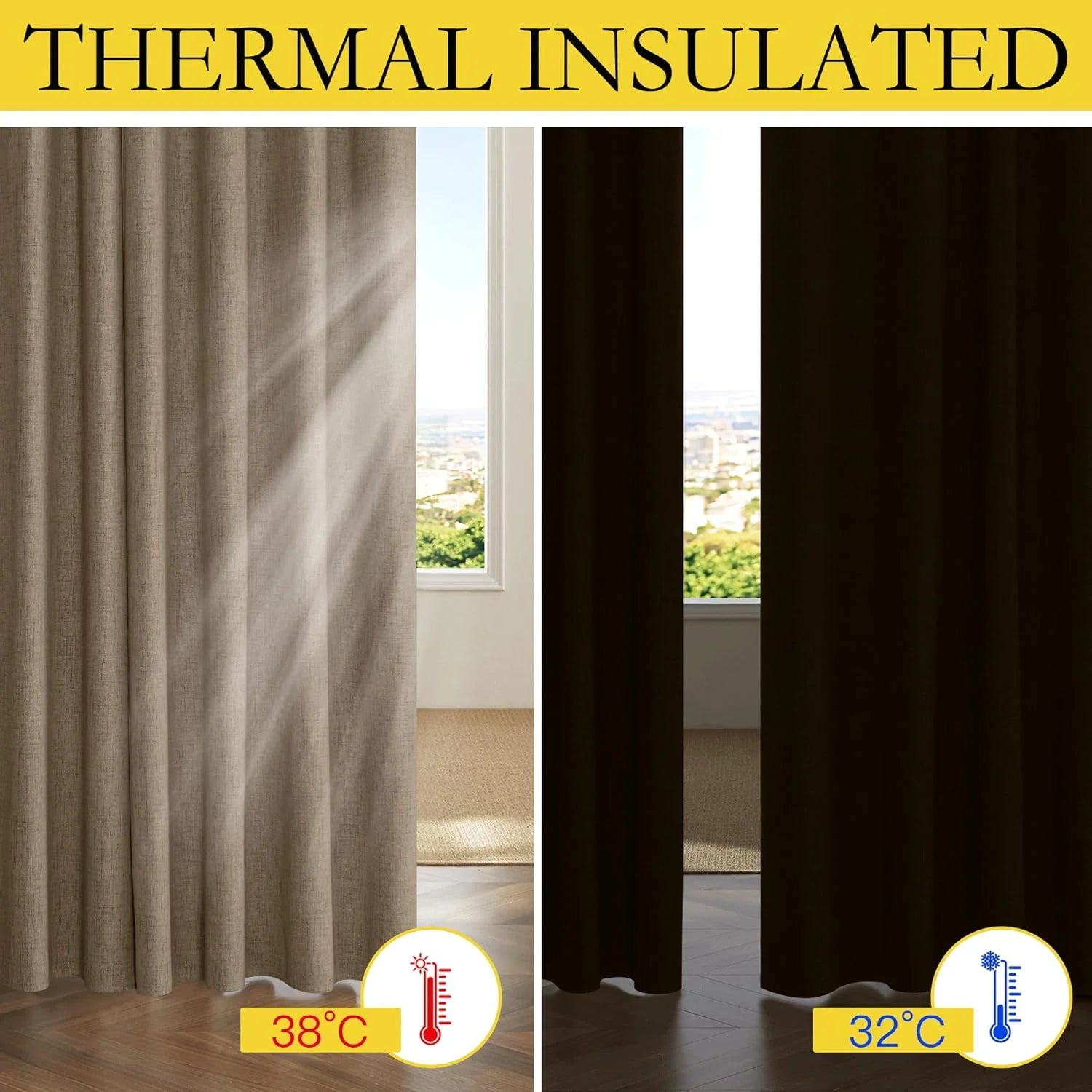 Beige thermal insulated curtains shown open and closed with temperature comparison