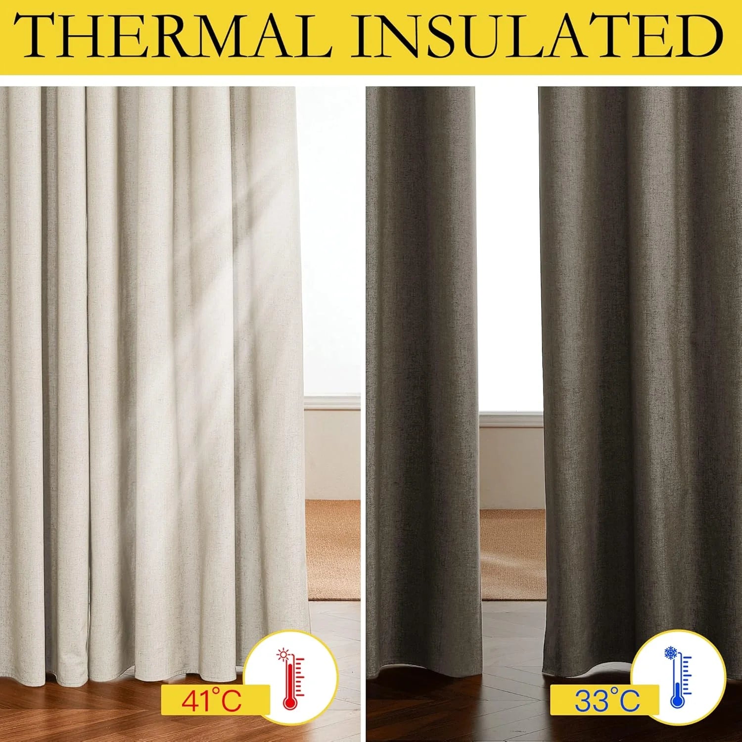 Beige thermal insulated curtain panels shown with heat reduction comparison graphic