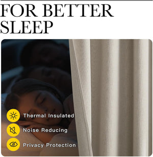 Light beige textured thermal insulated blackout curtain for noise reduction and privacy.