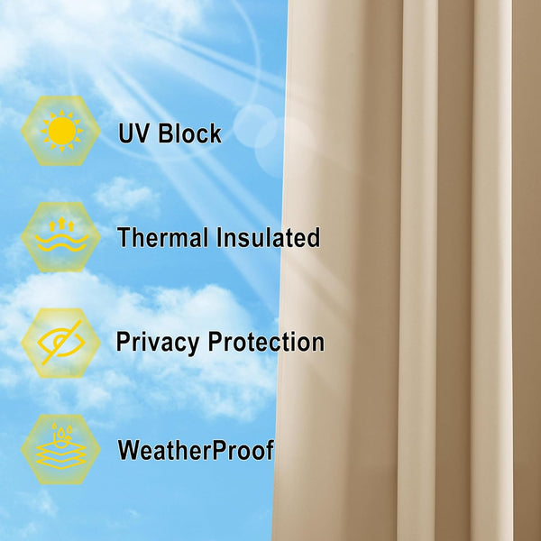 Beige thermal insulated privacy curtain with visible folds against a sunny blue sky.
