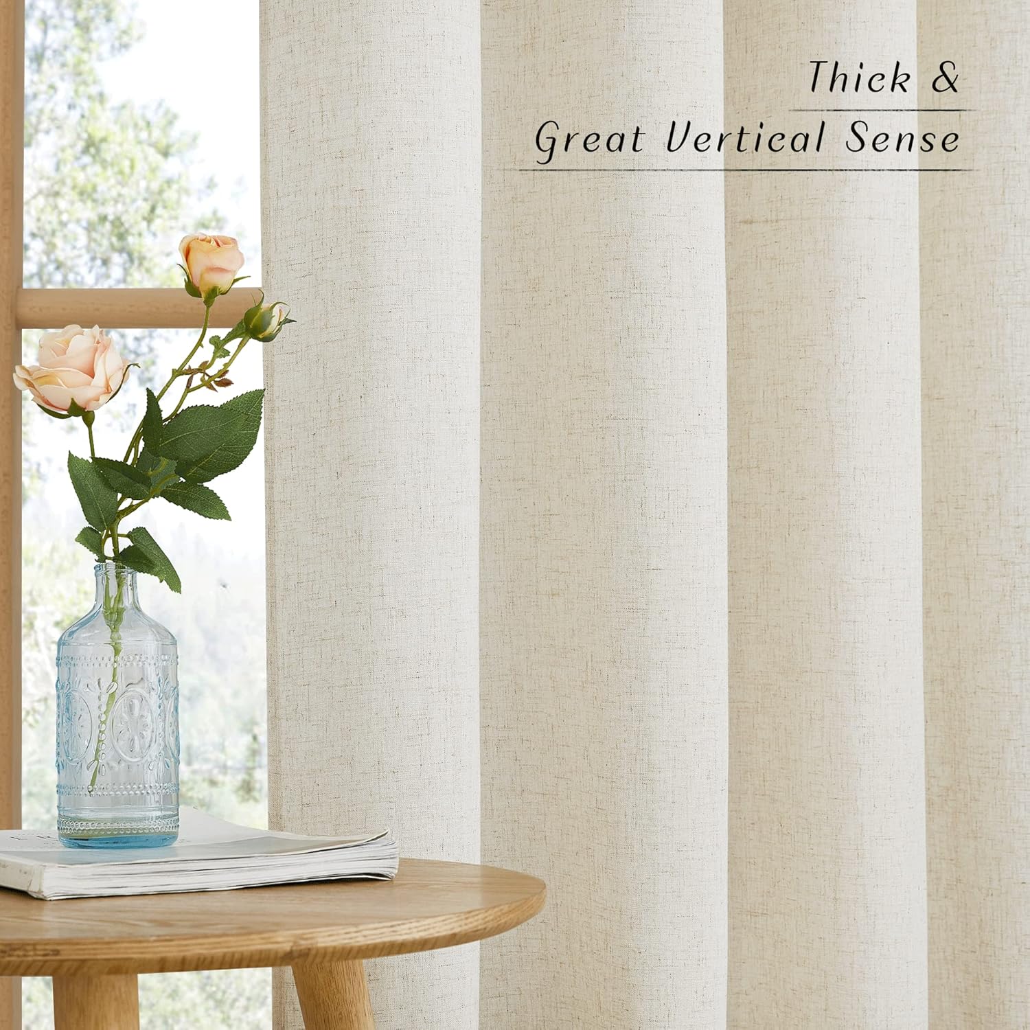 Thick beige textured linen blend curtain panels with visible vertical folds, showcasing a detailed fabric weave.