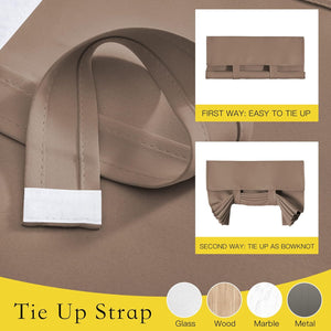 Beige tie-up window shade detail, showing velcro strap, and roll-up and bowknot styling options.
