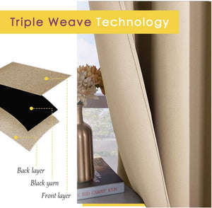 Beige triple weave blackout curtain fabric, with diagram revealing black yarn light-blocking layer.