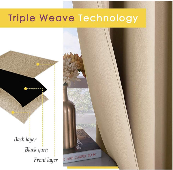 Beige triple weave blackout curtain fabric, with diagram revealing black yarn light-blocking layer.