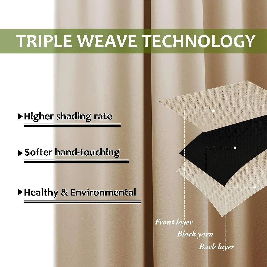 Beige blackout curtain fabric with triple weave technology and layered textile diagram