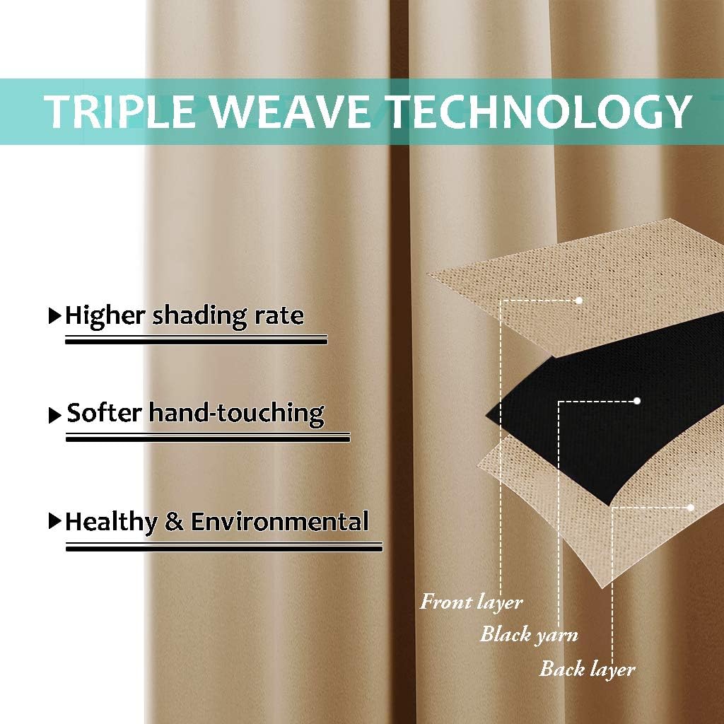 Close-up of a beige triple weave blackout curtain panel, showcasing its three fabric layers and light-blocking technology.
