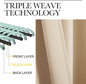 Beige triple weave blackout curtain fabric showing texture, with diagram explaining its layered construction.