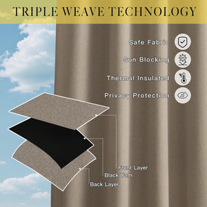 Beige triple weave blackout curtain fabric with layered construction including black yarn.