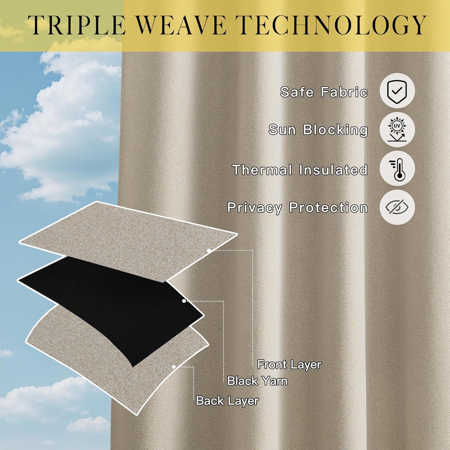 Beige triple weave blackout curtain layers illustrating thermal insulation and sun blocking.