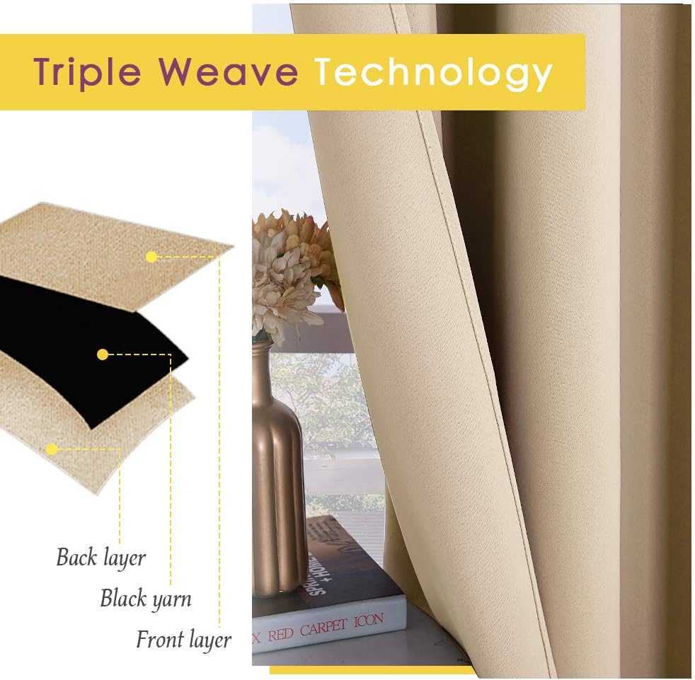 Beige triple weave blackout curtain, showing its layered fabric with a black yarn core.