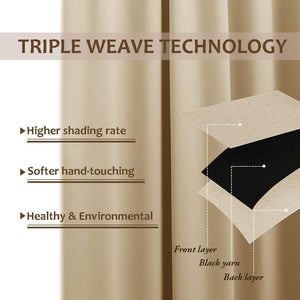 Beige triple weave blackout curtain cross-section demonstrating layered fabric construction for light blocking.