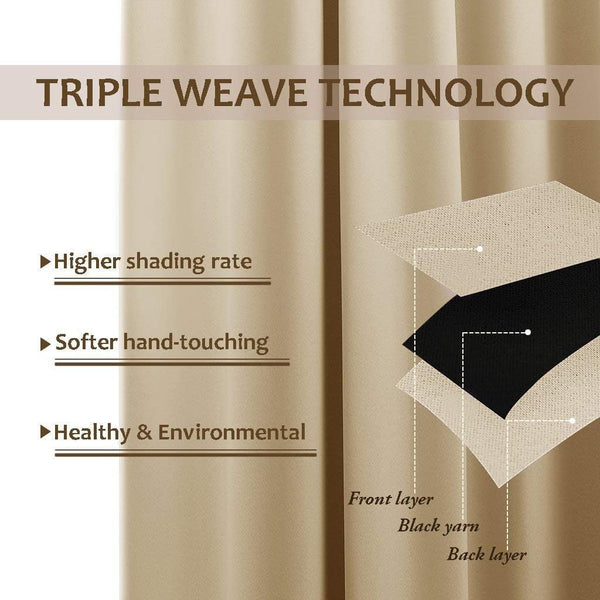 Beige triple weave blackout curtain cross-section demonstrating layered fabric construction for light blocking.
