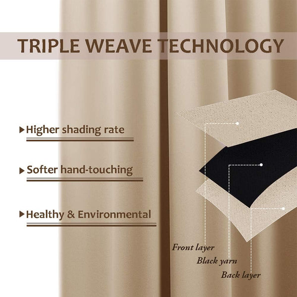 Tan triple weave blackout curtain fabric with an exploded view diagram highlighting the three layers for shading.