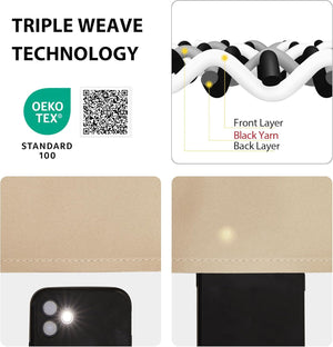 Beige triple weave blackout fabric with OEKO-TEX certification and light blocking test comparison.