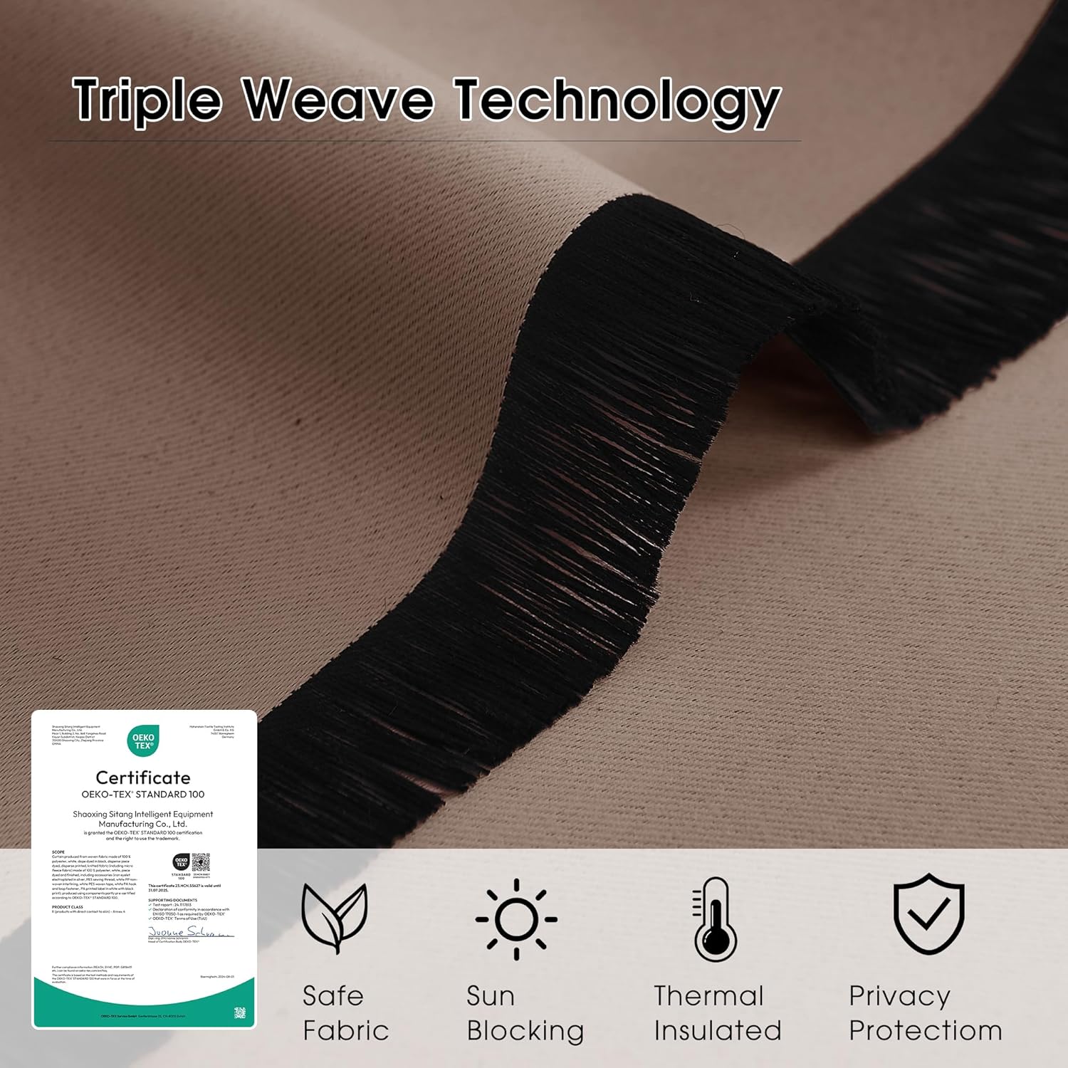 Beige triple weave blackout fabric showing dark layer, dense texture. OEKO-TEX certified.