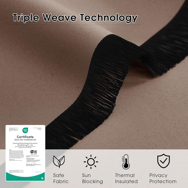 Beige triple weave blackout fabric showing dark layer, dense texture. OEKO-TEX certified.