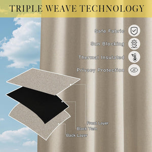 Exploded view of beige triple weave blackout curtain fabric with black layer for insulation.