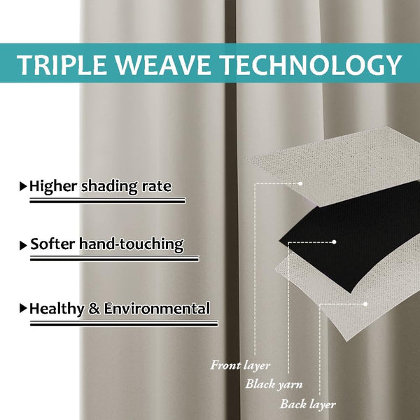 Light beige triple weave blackout curtain. Visible layers: front, black yarn, back. Ensures high shading rate.