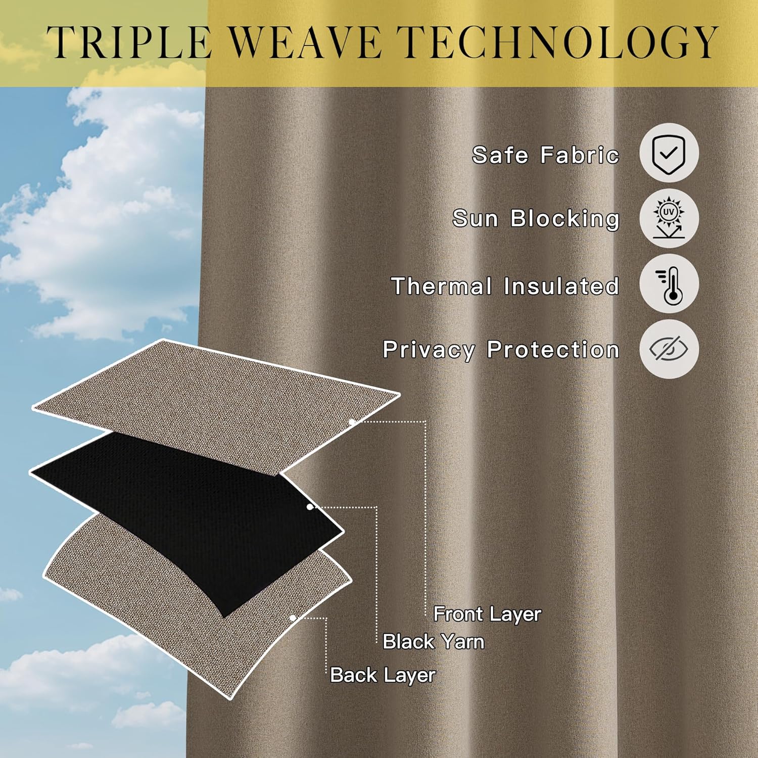 Beige triple weave blackout curtain demonstrating thermal insulation, sun blocking, and privacy features.