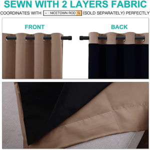 Beige two-layer blackout curtain with black lining and grommet top, showing front and back views.