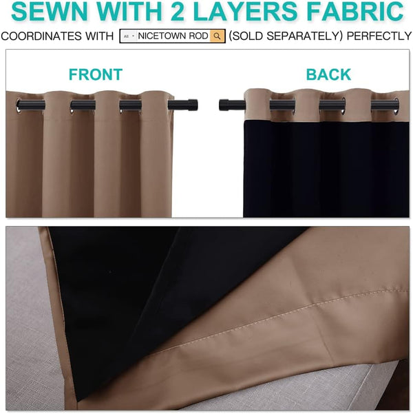 Beige two-layer blackout curtain with black lining and grommet top, showing front and back views.
