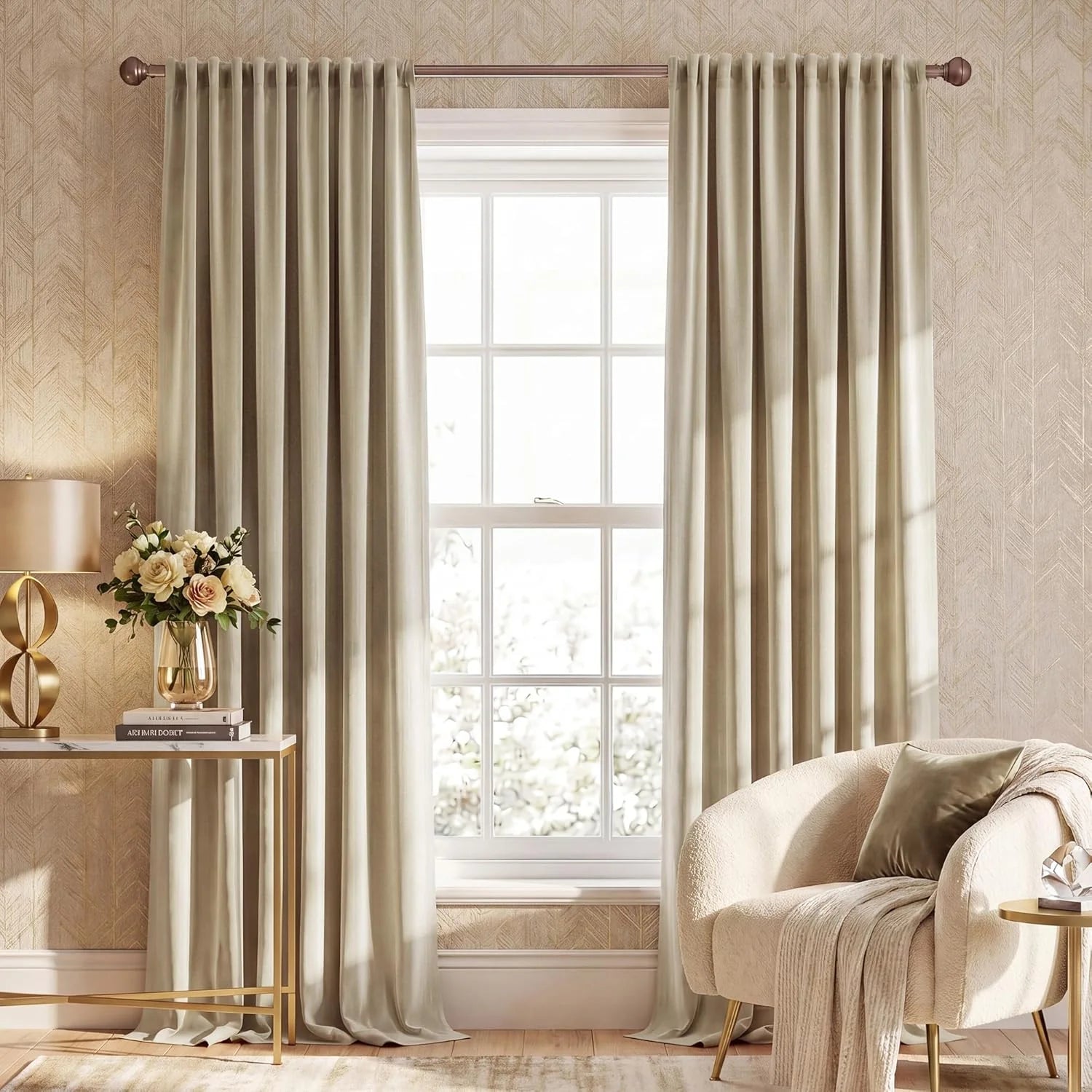 Beige pleated velvet curtains on a bronze rod in a warm, elegant living room