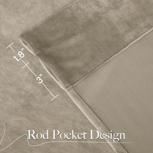 Beige velvet rod pocket curtain showing 1.8 and 3 inch pocket dimensions with blackout lining