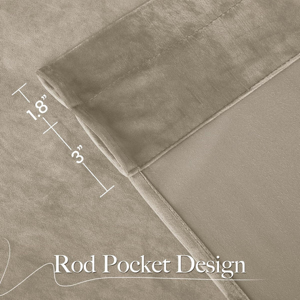 Beige velvet rod pocket curtain showing 1.8 and 3 inch pocket dimensions with blackout lining