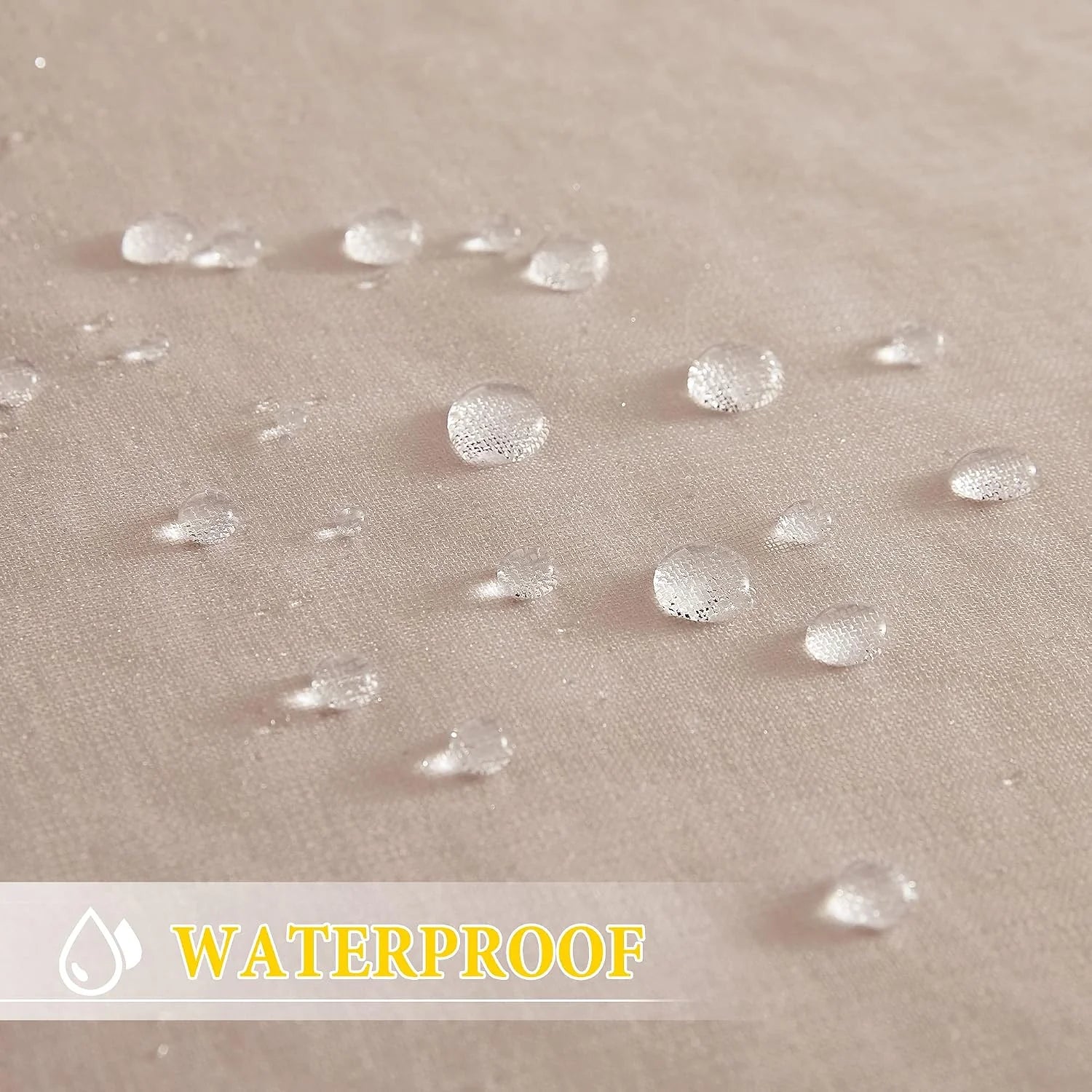 Water droplets beading on beige waterproof fabric in a close-up texture view