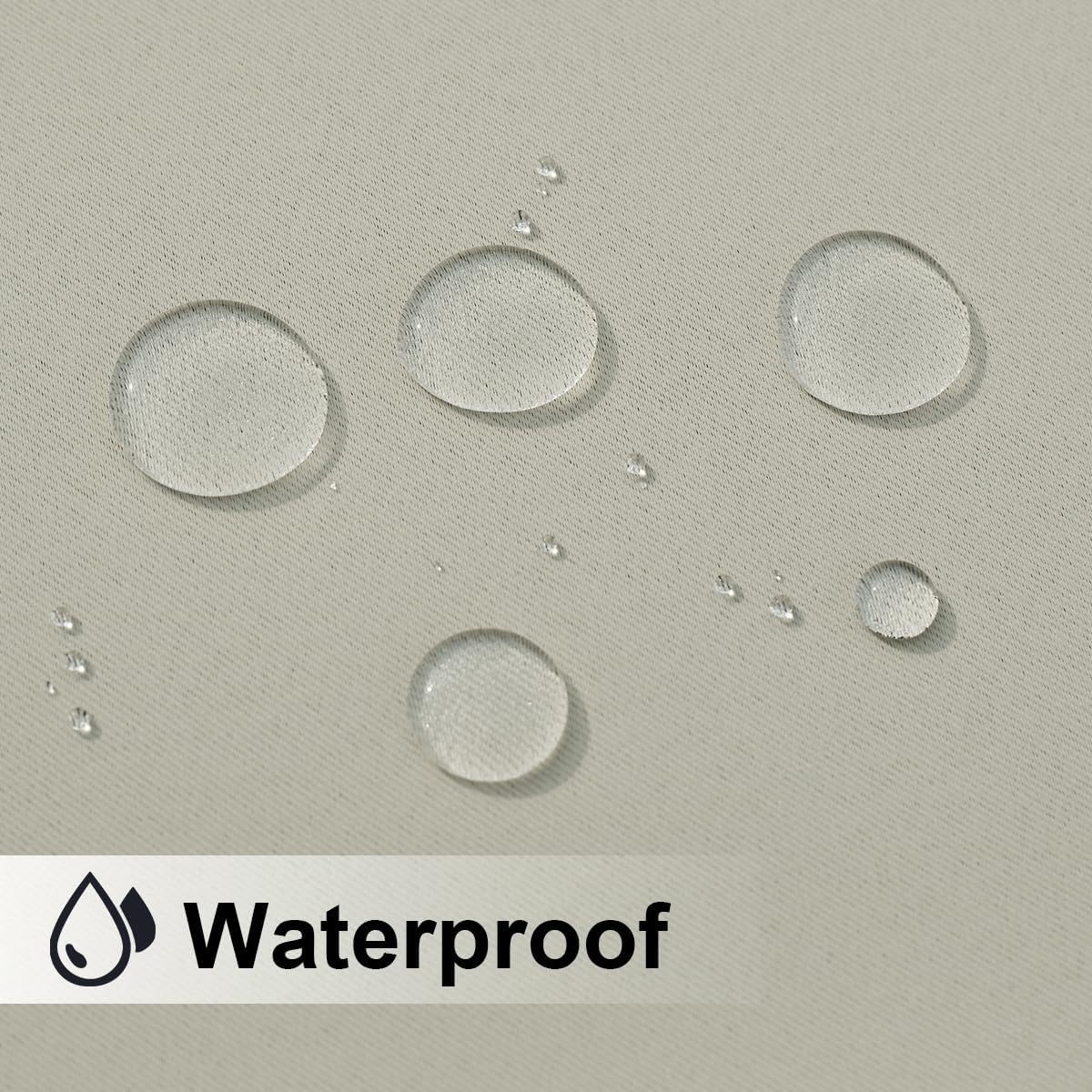 Light beige finely woven fabric with water droplets beading, demonstrating its waterproof feature.
