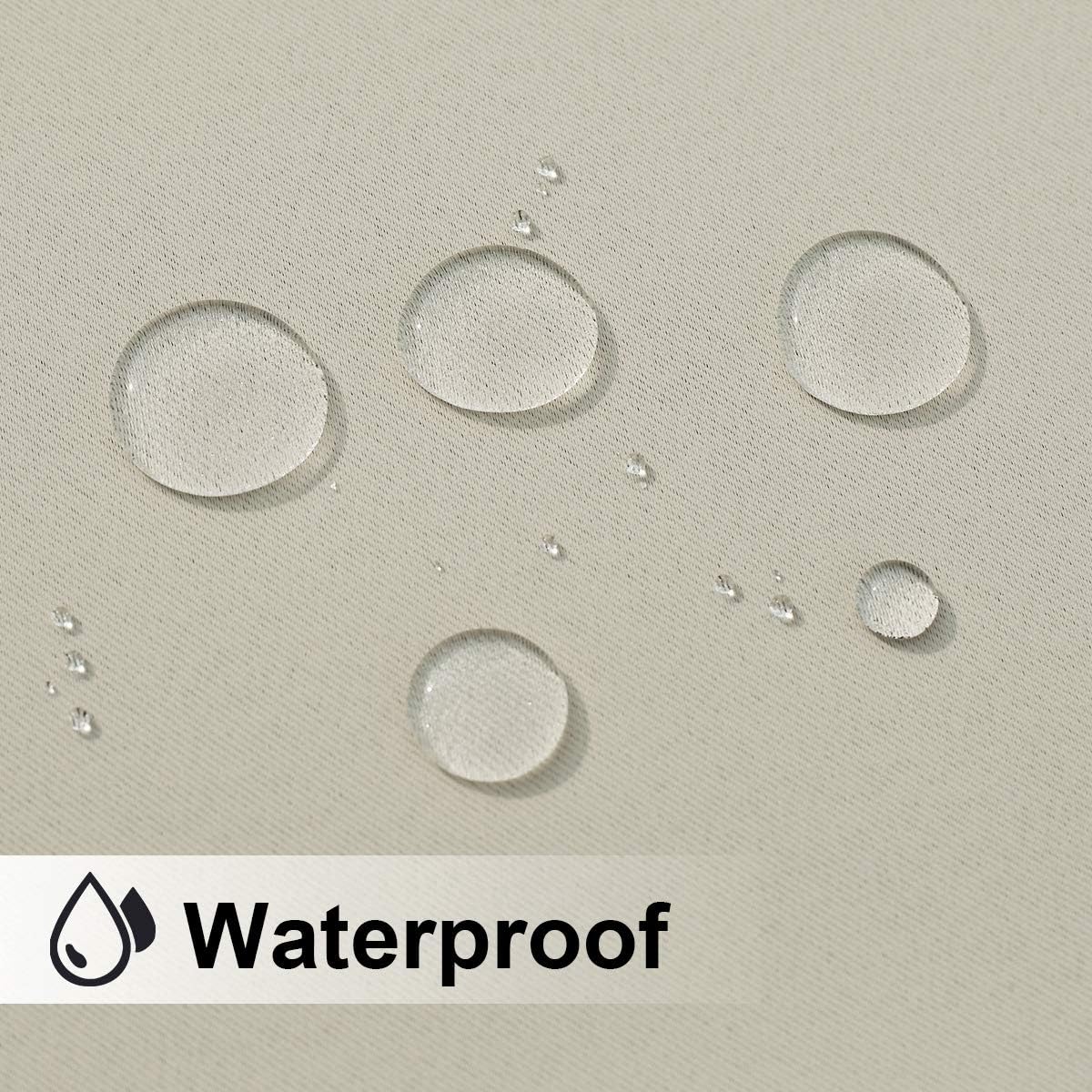 Close-up of beige woven fabric with visible water droplets beading, demonstrating its waterproof quality.