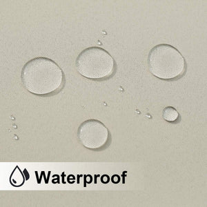 Close-up of beige woven fabric with visible water droplets beading, demonstrating its waterproof quality.