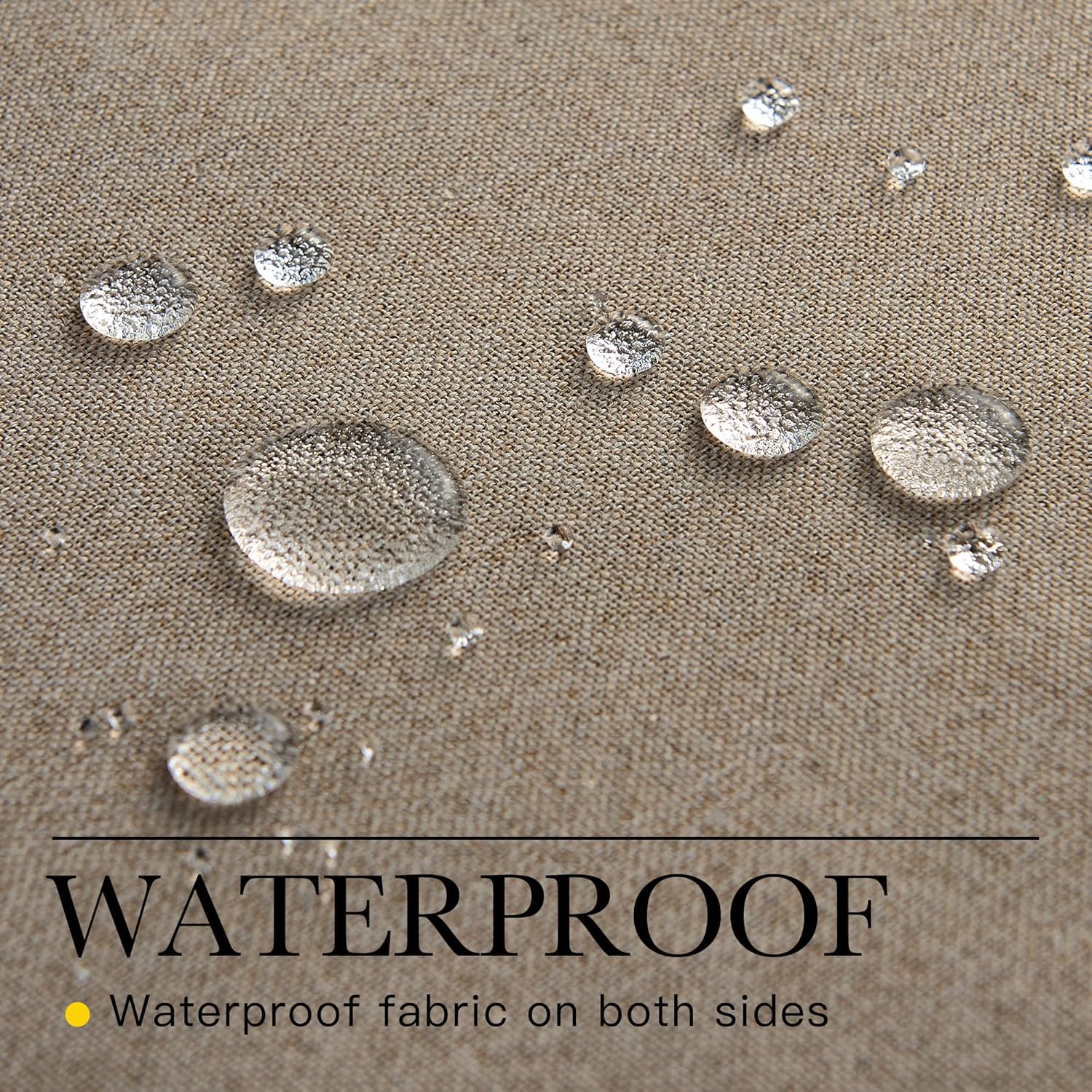 Close-up of beige textured fabric with water droplets beading on surface, highlighting its waterproof and water-repellent properties.