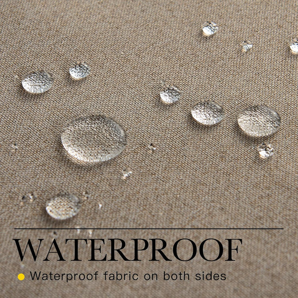 Close-up of beige textured fabric with water droplets beading on surface, highlighting its waterproof and water-repellent properties.