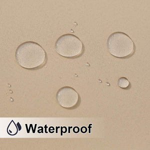 Close-up of beige woven waterproof fabric with water droplets beading on the surface, demonstrating water repellency.