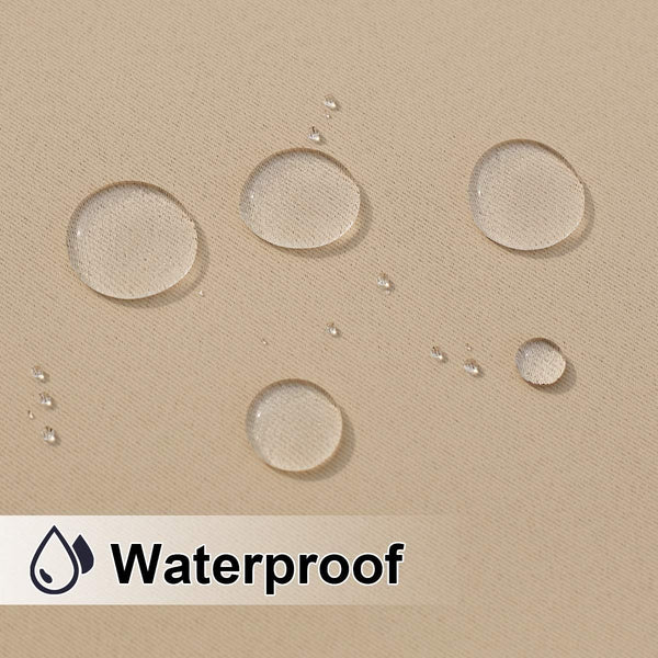 Close-up of beige woven waterproof fabric with water droplets beading on the surface, demonstrating water repellency.