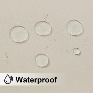 Close-up of clear water droplets beading on a light beige woven fabric, demonstrating its waterproof feature.