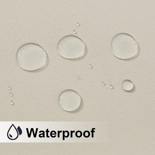 Close-up of clear water droplets beading on a light beige woven fabric, demonstrating its waterproof feature.