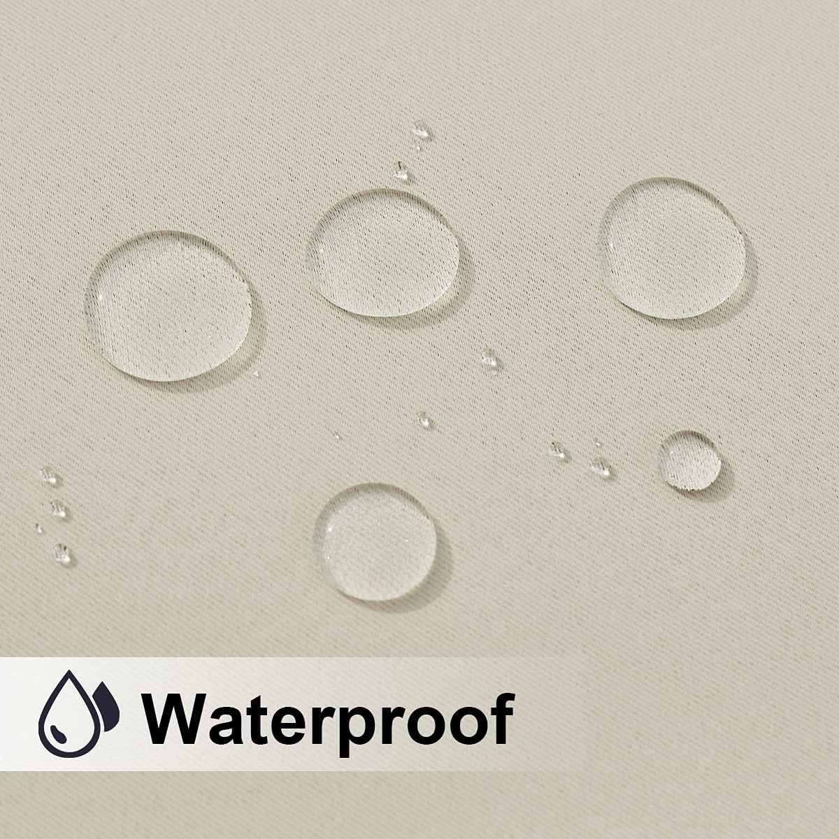 Close-up of clear water droplets beading on a light beige woven fabric, demonstrating its waterproof feature.