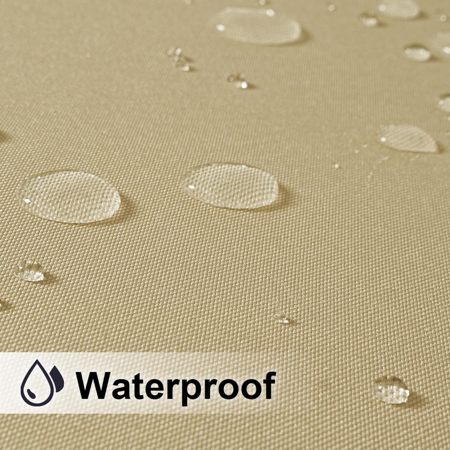 Close-up of a textured beige woven fabric with water droplets clearly beading on the surface, demonstrating its waterproof quality.