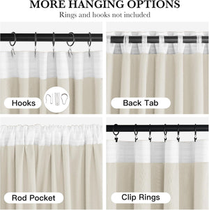 Beige and white curtain panel displaying four different hanging options: hooks, back tab, rod pocket, and clip rings.