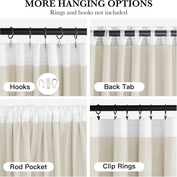 Beige and white curtain panel displaying four different hanging options: hooks, back tab, rod pocket, and clip rings.
