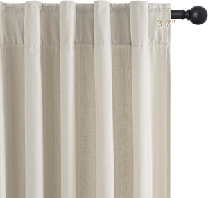 Beige and white striped natural linen blend curtains with back tab top, hung on a black rod.