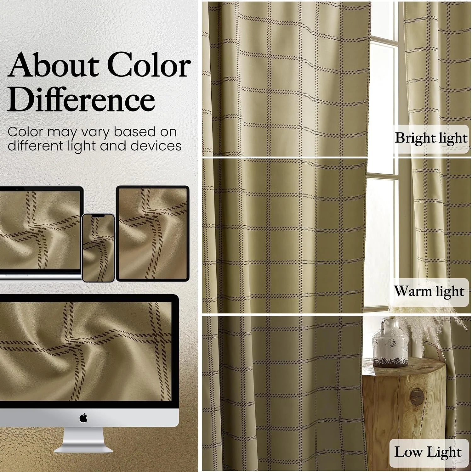 Beige windowpane curtains shown under bright, warm, and low light with device color variation