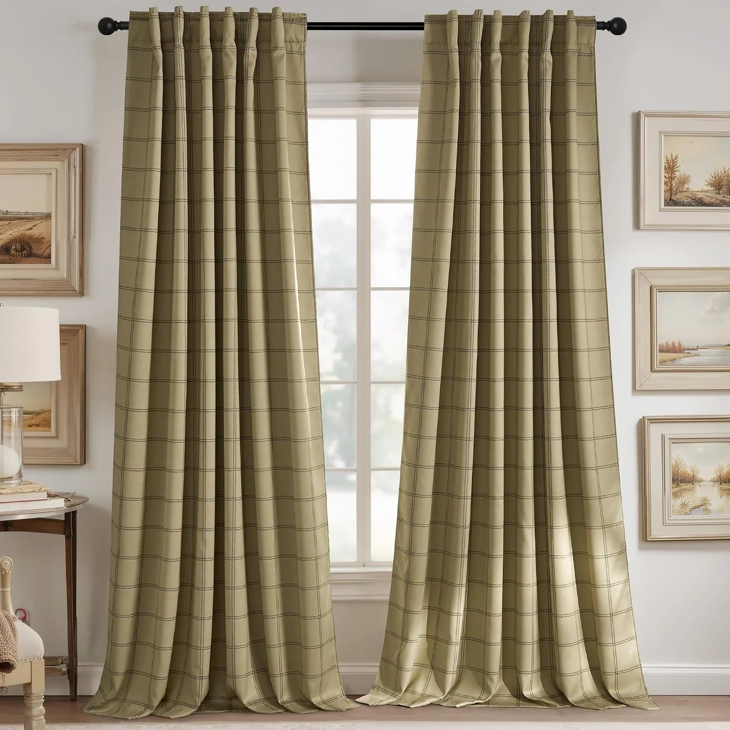 Beige windowpane plaid curtains with rod pocket top hanging in a bright traditional room