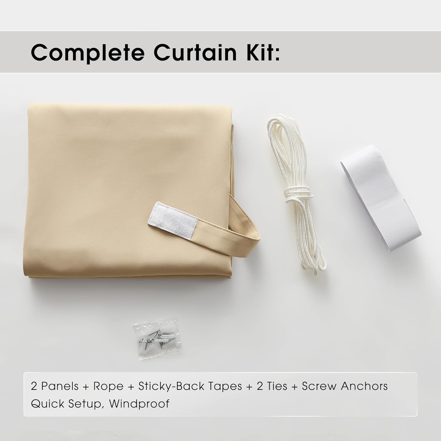 Beige windproof outdoor curtain kit with two panels, rope, sticky tapes, ties, and screw anchors.