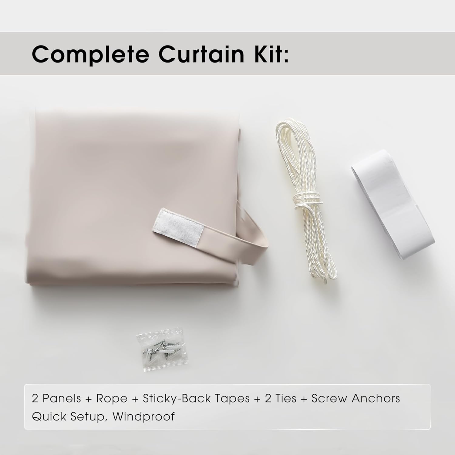 Complete beige windproof outdoor curtain kit showing two panels, rope, sticky tapes, ties, and anchors.