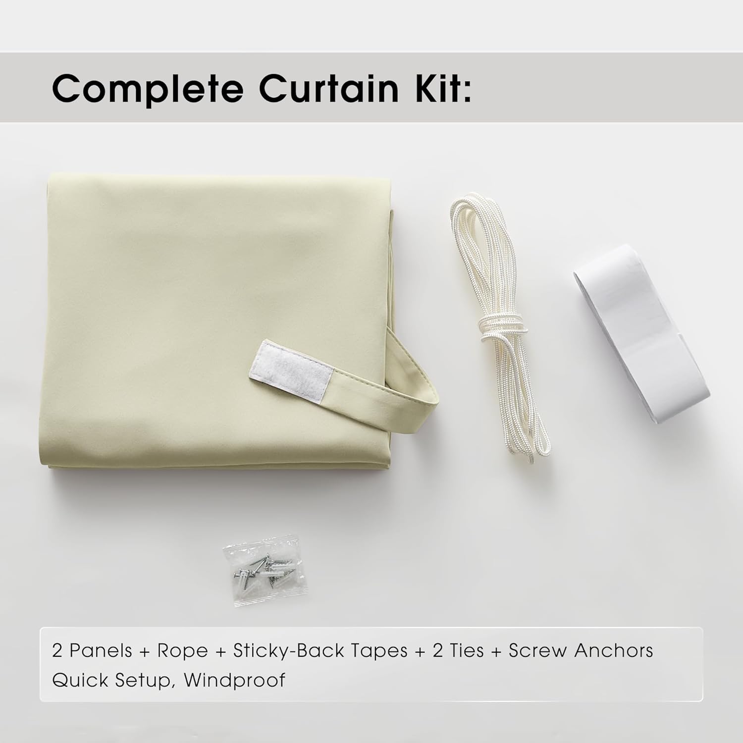 Beige windproof outdoor curtain kit with two panels, rope, adhesive tape, and hardware.