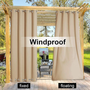 Beige windproof outdoor curtains with grommet tops on a wooden pergola for patio shade.