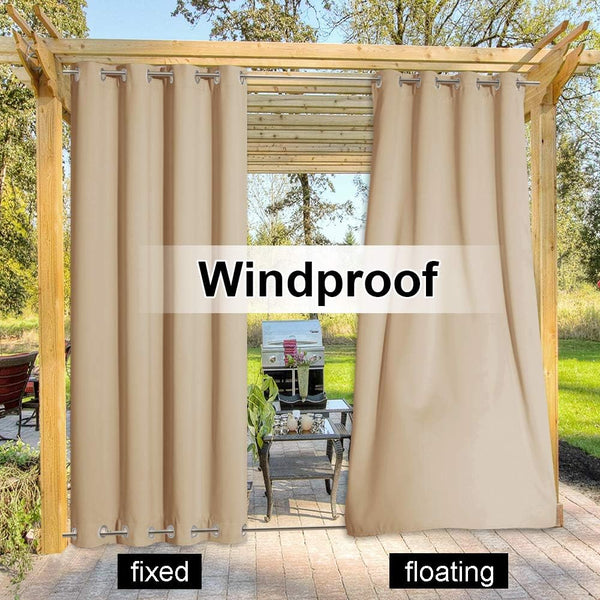 Beige windproof outdoor curtains with grommet tops on a wooden pergola for patio shade.
